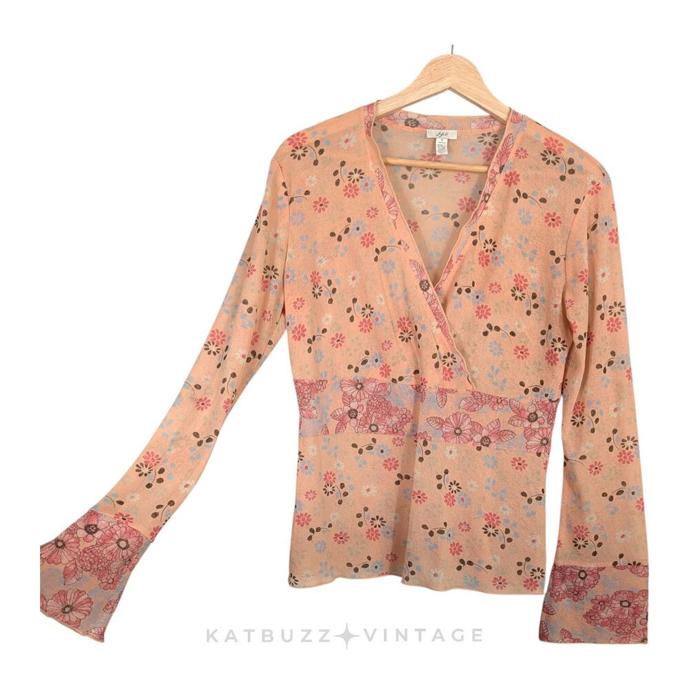 Y2K Babydoll Top PM Orange Peach Vintage Fairy Mesh Sheer Floral Long Sleeve